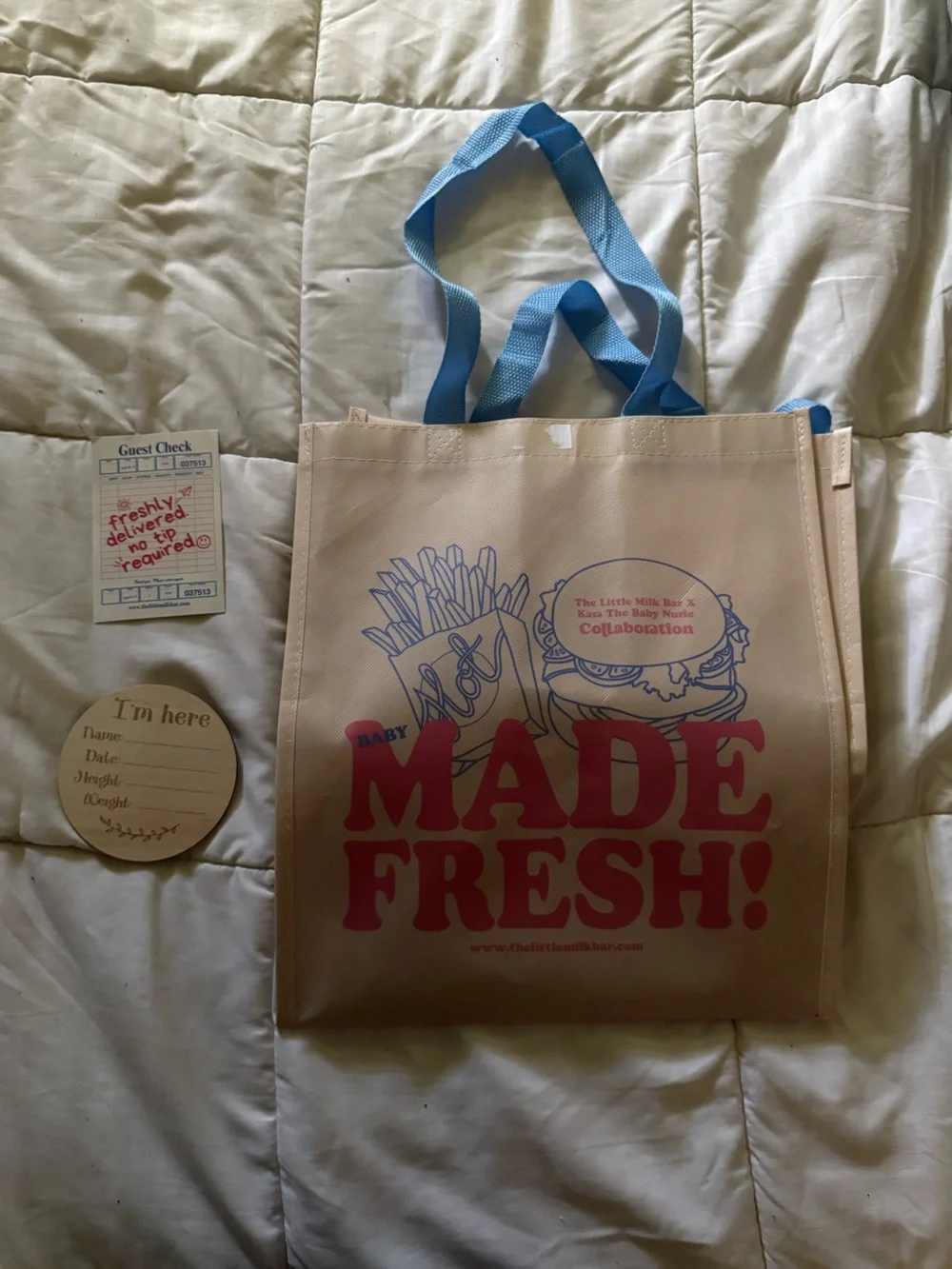 Little Milk Bar Made Fresh Reusable Tote Bag and birth announcement